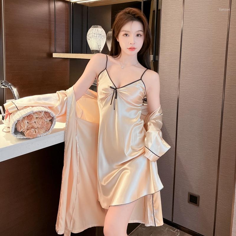 

Women's Sleepwear 2022 Autumn 2PCS Silk Satin Sexy Lingerie Nightgowns Robes Sets For Women Korean Cute Bathrobe Nightdress Night Dress, Blue