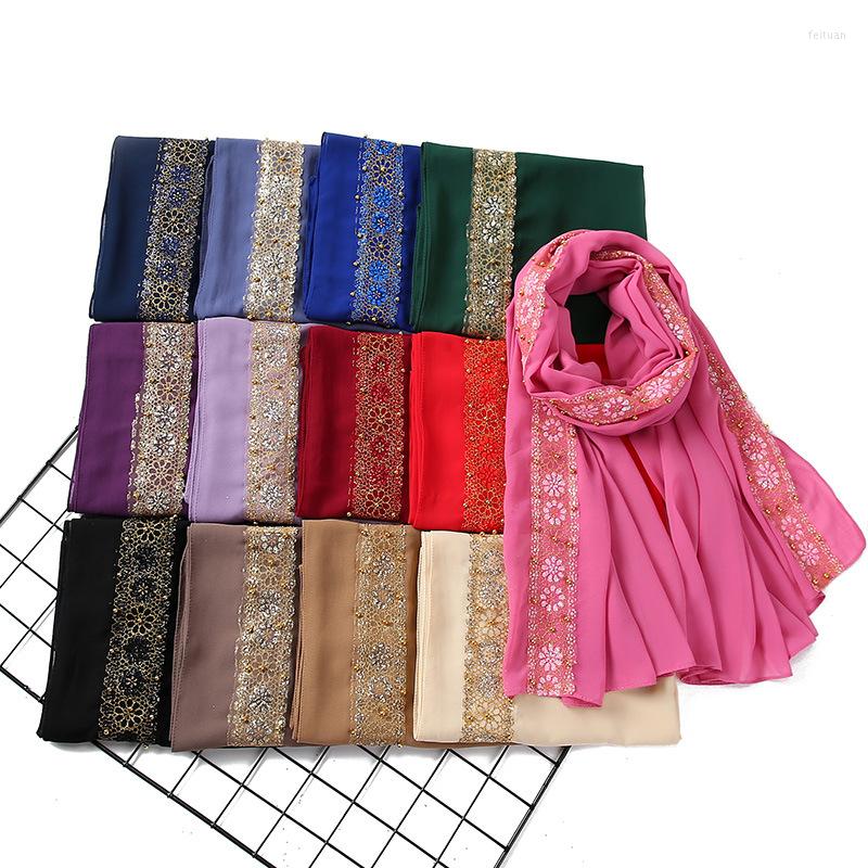 

Scarves Summer Premium Chiffon Women Muslim Hijabs Turban Islamic Headscarf Shawl Beaded Lace Stripe Flower Head Wrap 180x80cm