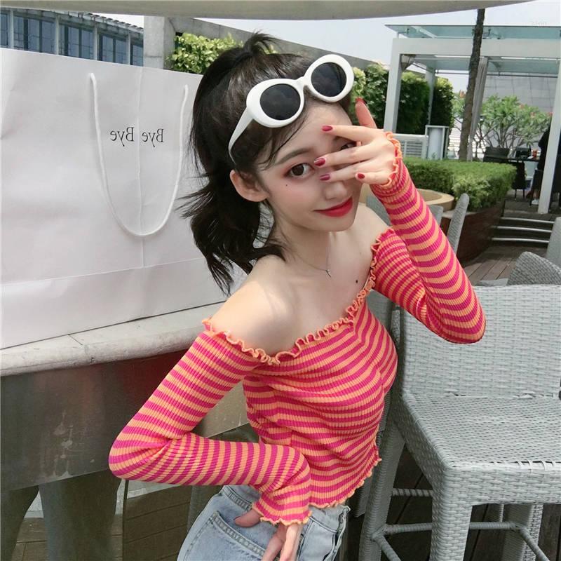 

Women' Sweaters Woman Spring Slim Fit Off-Shoulder Long Sleeves Cropped Short Stripe Knitted T-shirt Top Women' Clothing, 02