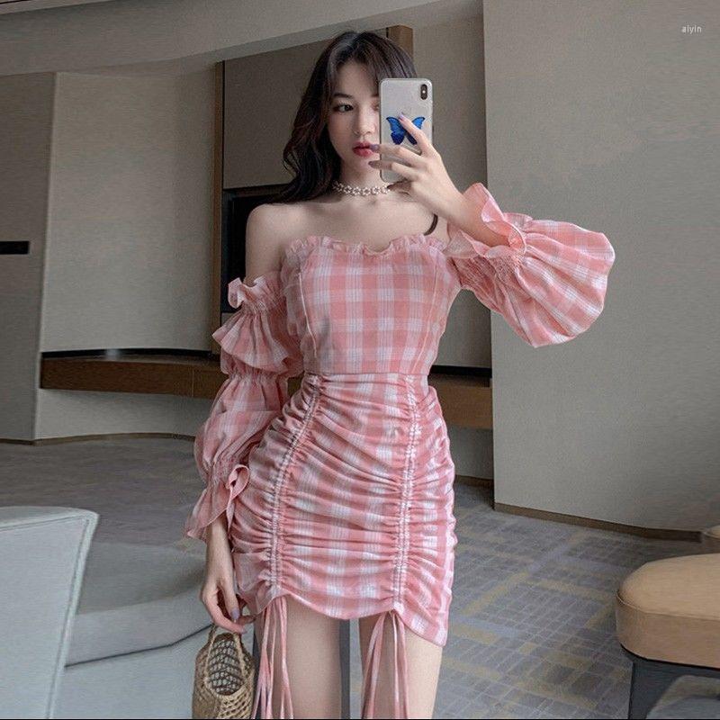 

Casual Dresses Women Off-Shoulder Pink Plaid Dress Women' Autumn A- Line Skirt Vestido De Mujer Femme Robe