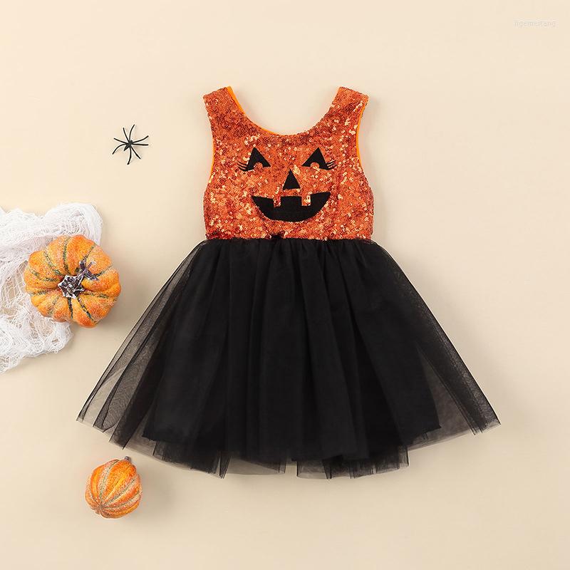 

Girl Dresses Halloween Theme Dress Children Sleeveless Sequins Pumpkin Pattern Round Neck Mesh Hem Cake Skirt, Picture shown