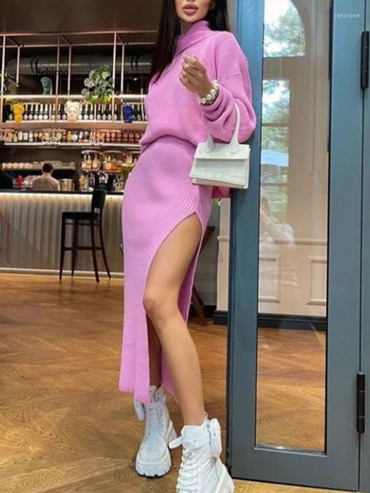 

Work Dresses Turtleneck Knitted Sweater Skirt Two Pieces Set Women Autumn Winter 2022 Long Sleeve Pullover Sexy Side Split Midi Skirts Suit, 01 apricot