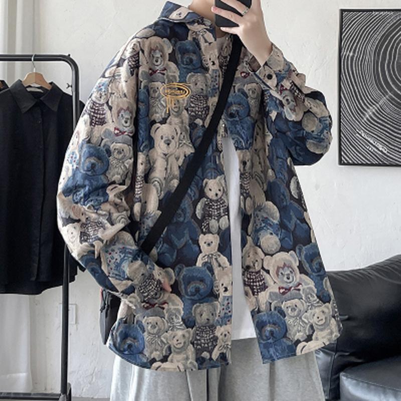 

Men's Casual Shirts Mens Long Sleeve Shirt Full Printing Bear Autumn Loose Blouses Men Baggy Male Cardigan Vintage Y2K Clothes, Blue