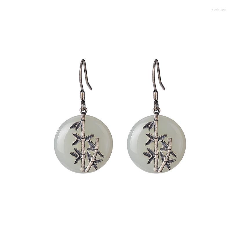 

Dangle Earrings 925 Sterling Silver Retro Personalized Bamboo Leaf Joint Ladies Collar Hetian Jade Peace Buckle