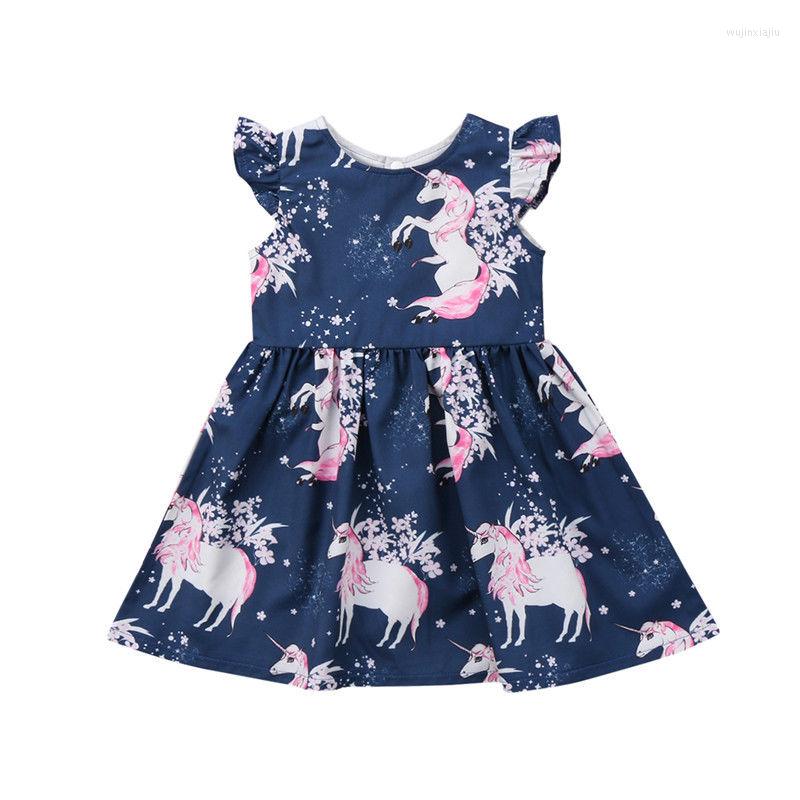 

Girl Dresses Born Baby Girls Floral Print Cartoon Dress Outfits Set Sleeveless Party Princess A-line1-6 Y, Navy blue