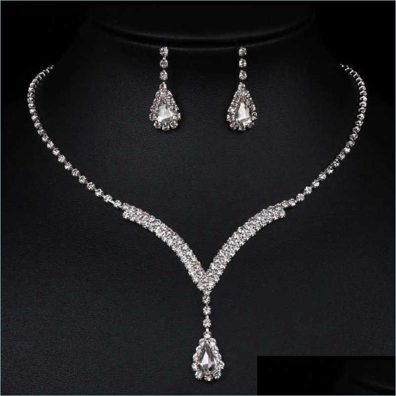 

Bracelet Earrings Necklace Jewelry Sets Womens Sier Gold Plated Bling Bridal Fl Diamond Vneck Drop Pendant Necklace Earrings N547 Dhpp1, Randomly sended colors