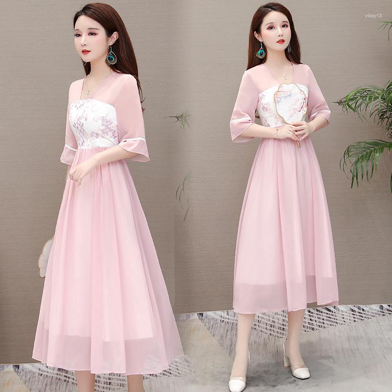 

Stage Wear Summer Hanfu Ethnic Clothing Asia Elegant Dress Women's Half-sleeve Fairy Costume Korea Style Sexy Shiffon Loose Gown, Blue