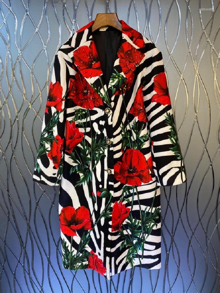 

Women' Trench Coats Casacos Feminino 2022 Autumn Winter Long Coat Outerwear Women Red Floral Prints Beading Deco Single Breasted Casual, Picture shown