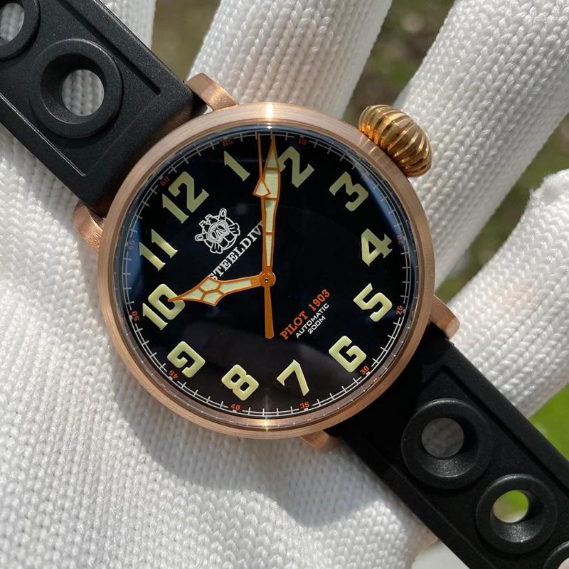 

Wristwatches Steeldive Arrival SD1903S 46.5mm Oversize Solid Bronze Case Dive Watch Super Luminous C3 Unique Crown 200M Diving Men, 03-03l steel case