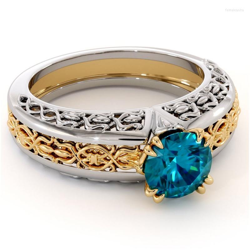 

Wedding Rings Vintage Tow Tone Twine Pattern Engagement For Women Lake Blue CZ Stone Inlay Retro Fashion Jewelry Party Gift