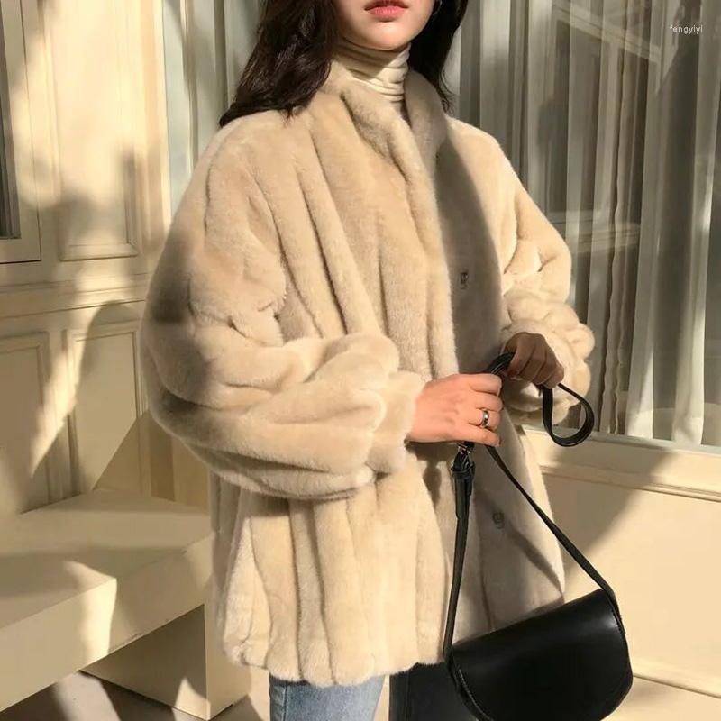 

Women's Fur Winter Solid Faux Women Coat Turtleneck Thicken Warm Lantern Sleeved Lady Fashion Outwear Jackets Top Quality, Pink
