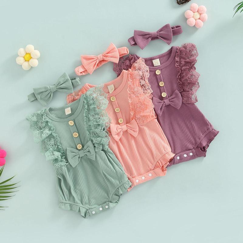 

Clothing Sets Baby Girl's Romper Round Neck Lace Sleeveless Bowknot Decorated Ribbed And Headband