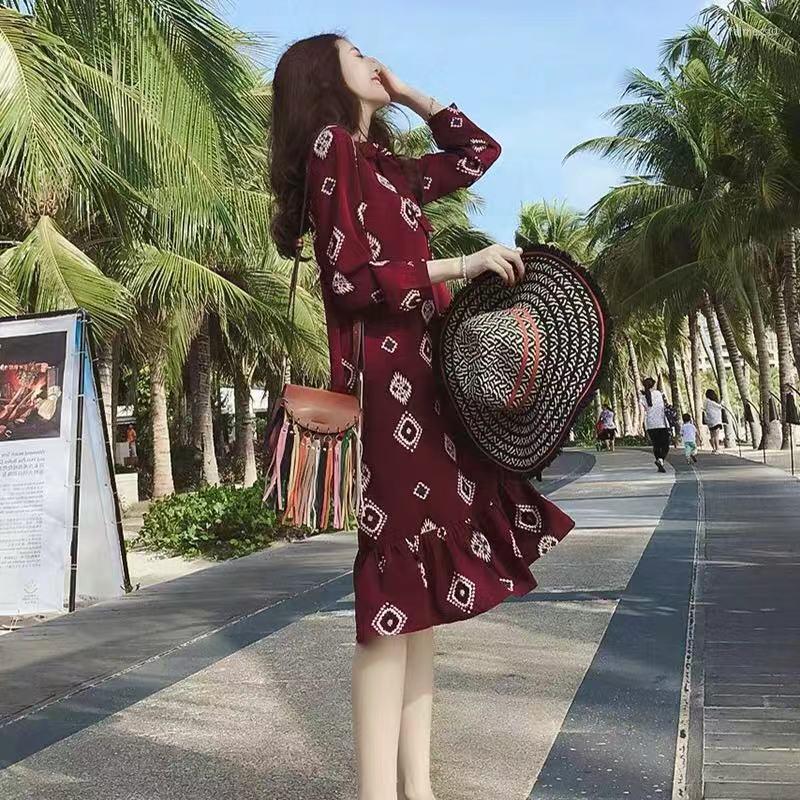 

Casual Dresses Women Women's Autumn Chiffon Dress Loose Long Skirt Vestido De Mujer Femme Robe, Red