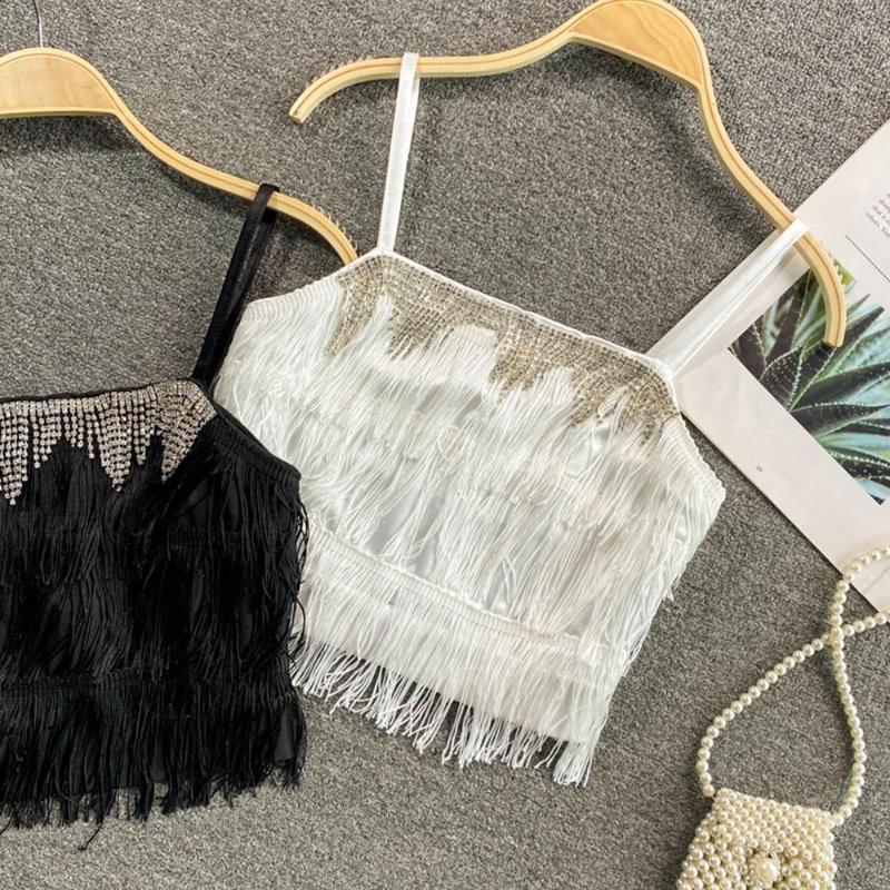 

Women's Tanks Women White/Black Tassel Rhinestone Camisole Short Tank Tops Sexy Sling Crop Top Ladies 2022 Fashion Female