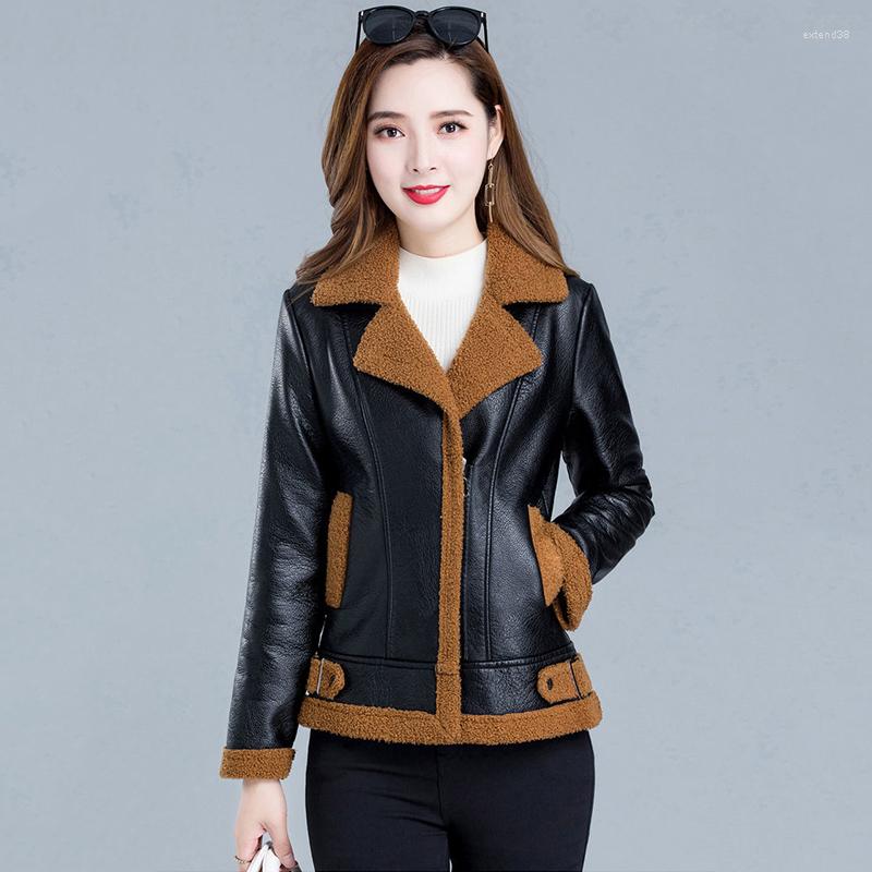

Women's Leather Lambswool Thermal Faux Coat Women 2022 Autumn Winter Lapel Zipper PU Fashion Short Biker Jacket Outerwear, Beige