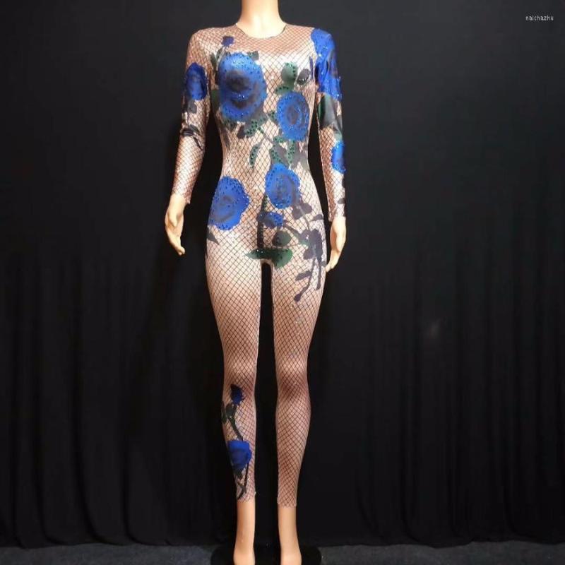 

Stage Wear Women Blue Rose Shining Rhinestones Jumpsuit Sexy Big Stretch Leotard Bar DJ Singer Star Dancer Party Prom Costume
