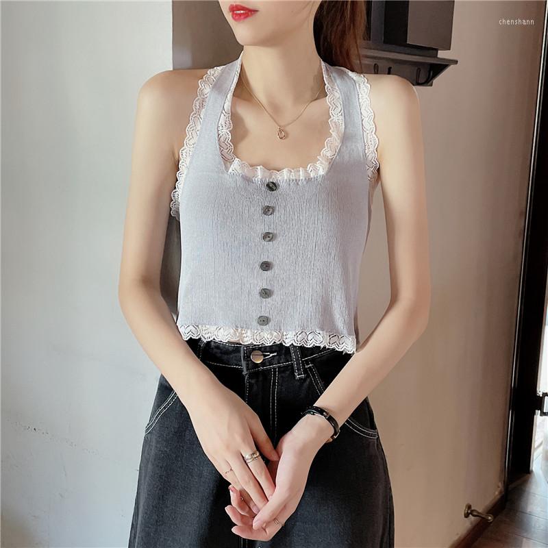 

Women's Tanks ITOOLIN 2022 Summer Women Button Up Halter Sleeveless Vest Cropped Knitted Casual Lace Hem Backless Tops, White