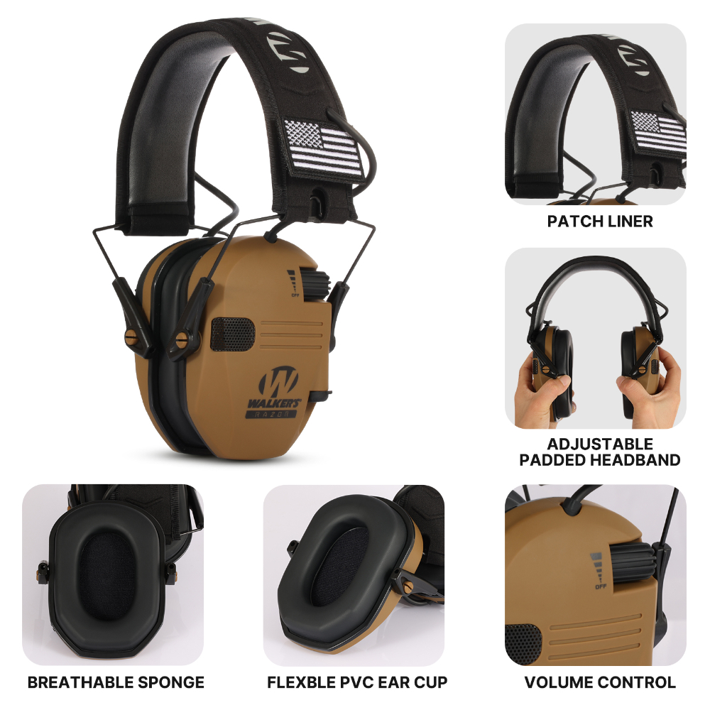 

Walkers Razor Slim Shooting Ear Protection Muffs with NRR 23 dB 2X Flag Patches FAST SHIP