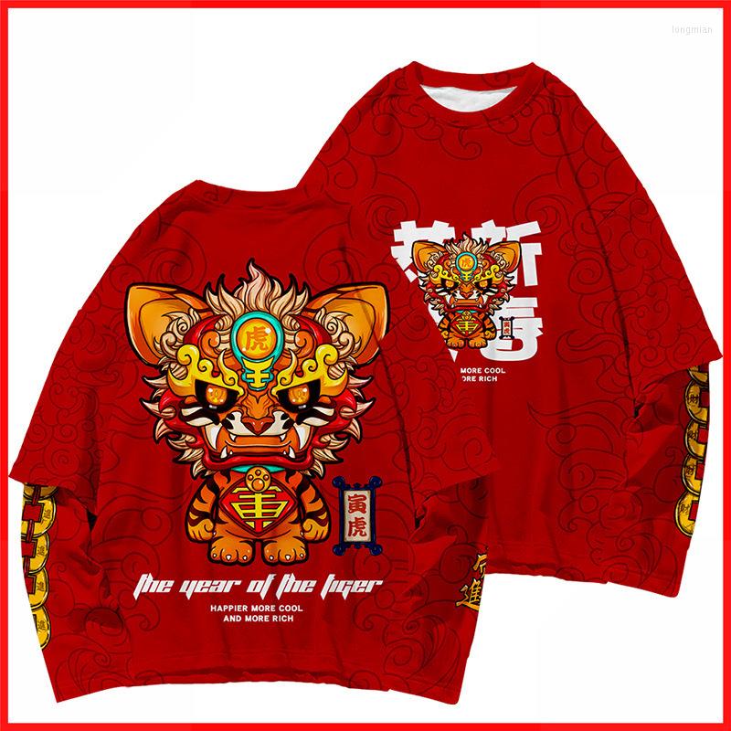 

Men's T Shirts Men's Pullover Spring Autumn Male Casual Red Fake Two Pieces Sweatshirt The 12 Chinese Zodiacs Tiger Print Tops, Style 1
