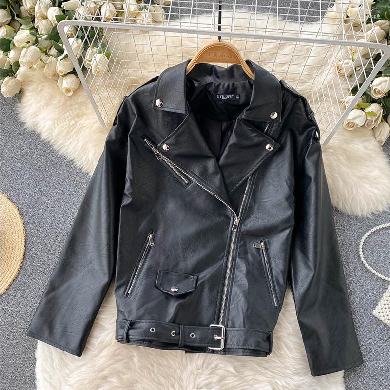 

Women' Leather Jaket Sepeda Motor Kulit Pu Musim Semi Gugur Baru Ritsleting Kerah Lipat Sabuk Pakaian Luar Mantel Hitam Wanita, Black