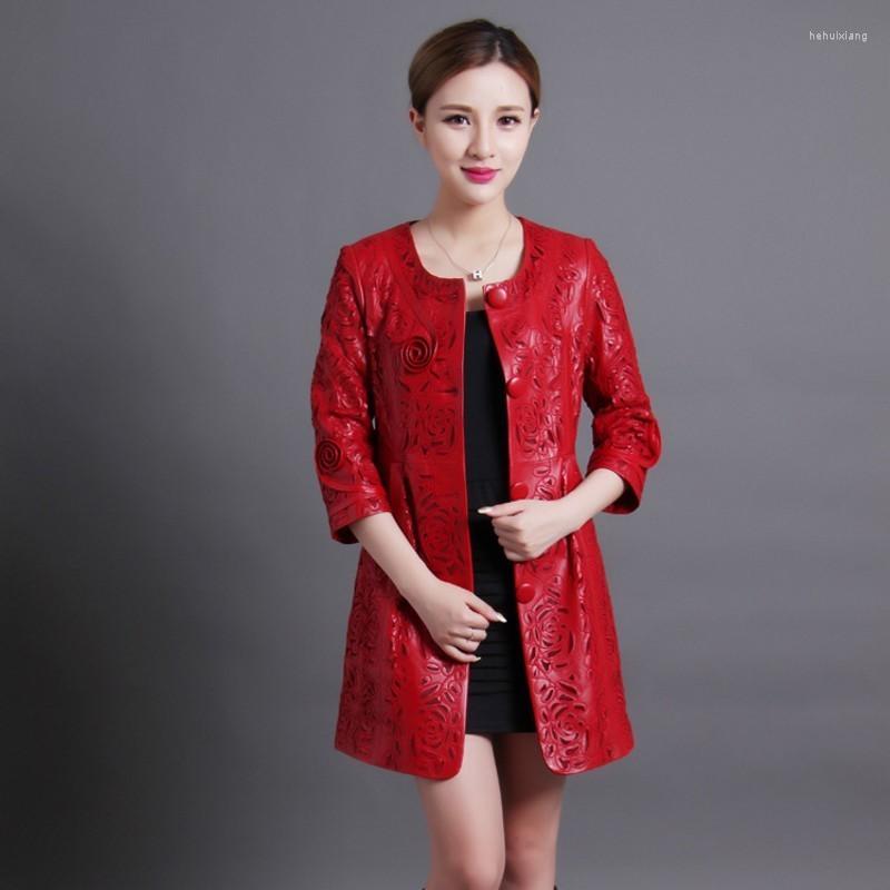 

Women's Leather Women Streetwear Hollow Out Genuine Long Jacket Designer Single Breasted Slim Sheepskin Trench Coat Office Lady Outwear, Black