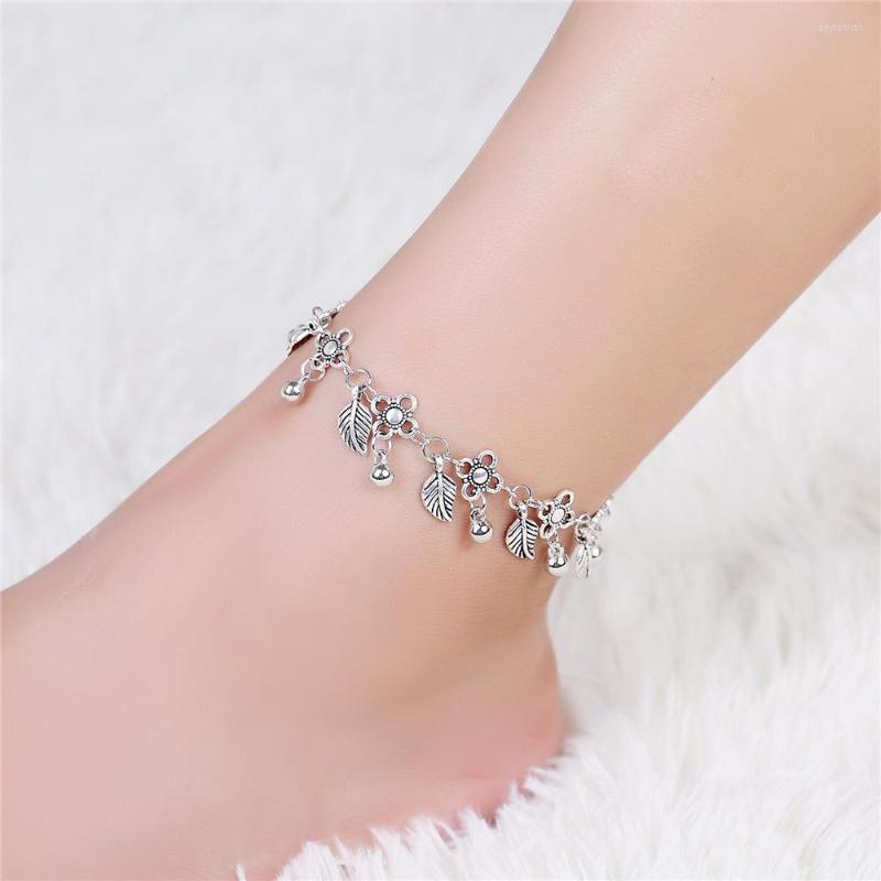 

Anklets Retro Ethnic Style Antique Silver Color Leaves Small Beads Tassel Pendant Ankle Anklet For Women Bohemia Foot Jewelry