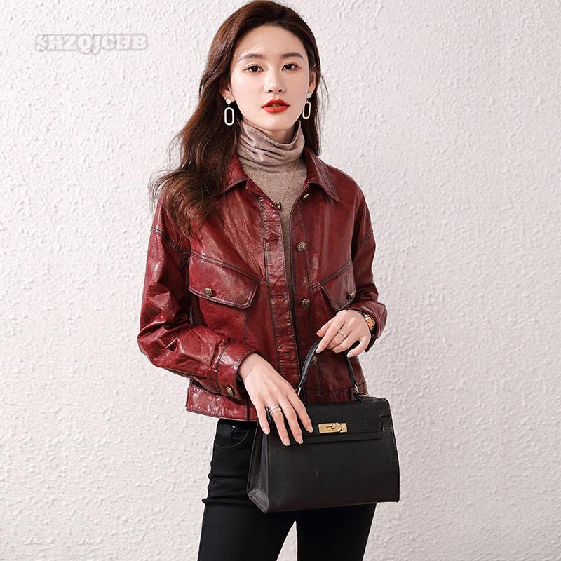 

Women's Leather Autumn And Winter 2022 Fashion Coat Women's Short Oil Wax Sheep Skin Handsome Slim Jacket, Wine red