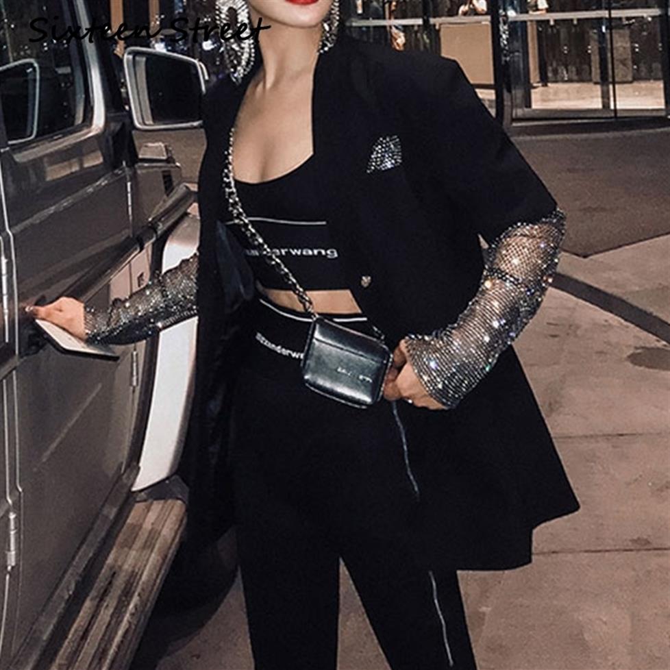 

Bling Diamond Sleeve Blazer Jacket Woman Notched Collar Black Solid Pocket Runway Designer Long Blazer Coat Woman 2020 Autumn LJ20303Y