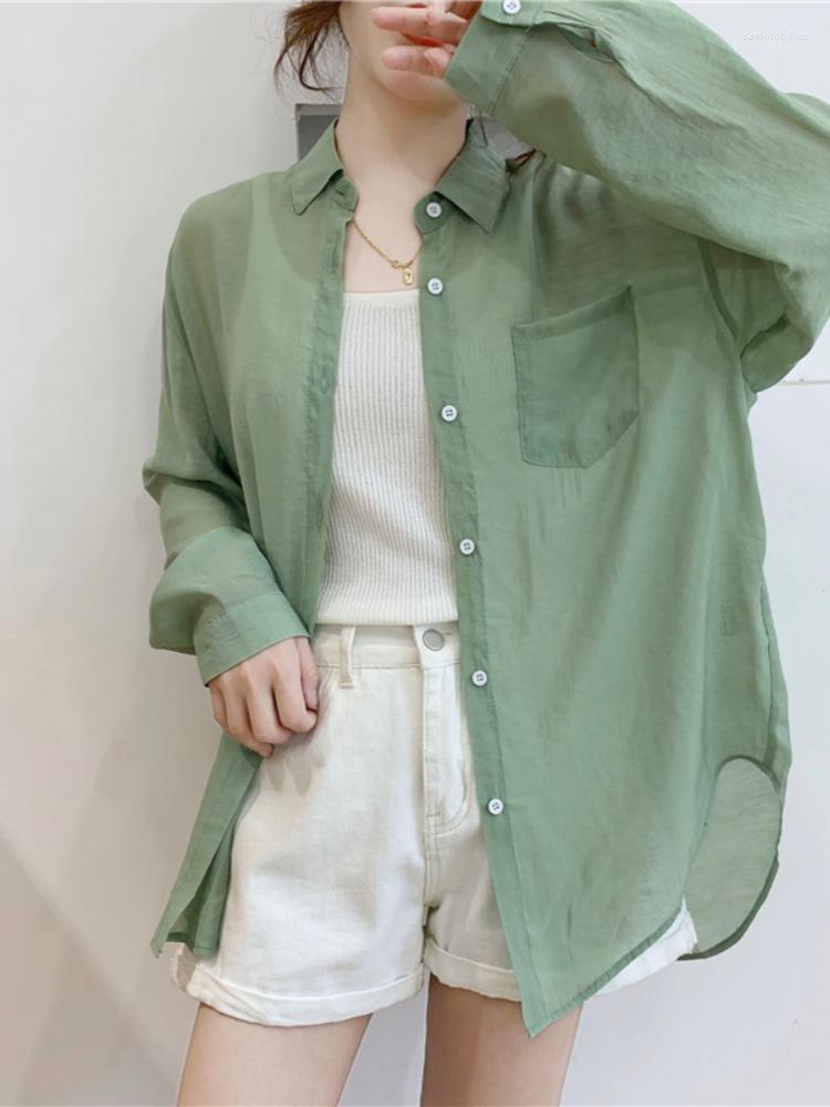 

Women' Blouses Hsa Women Summer Shirts 2022 Turn Down Collar Candy Color Solid See Through Chiffon Blousea Long Sun Protect Blusa Roupas, Myl918 pink