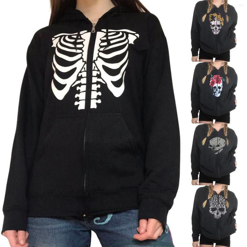 

Women's Hoodies Autumn Halloween Hoodie Women Skull Skeleton Print Long Sleeve Hooded Sweatshirt Zipper Loose Ladies Jacket Cardigan