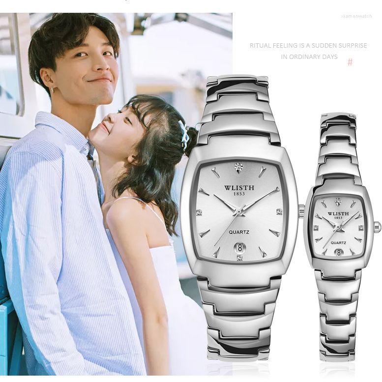 

Wristwatches WLISTH Fashion Calendar Couple Watch Simple Square Men's And Women Luminous Steel Band Send Lover Gift Clock, Lady-silver black