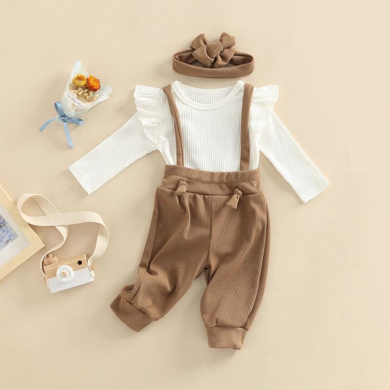 

Clothing Sets Girl Outfits Born Baby Autumn Long Sleeve Ruffles Decor Romper Suspenders Pants Cute Headband Set, Picture shown