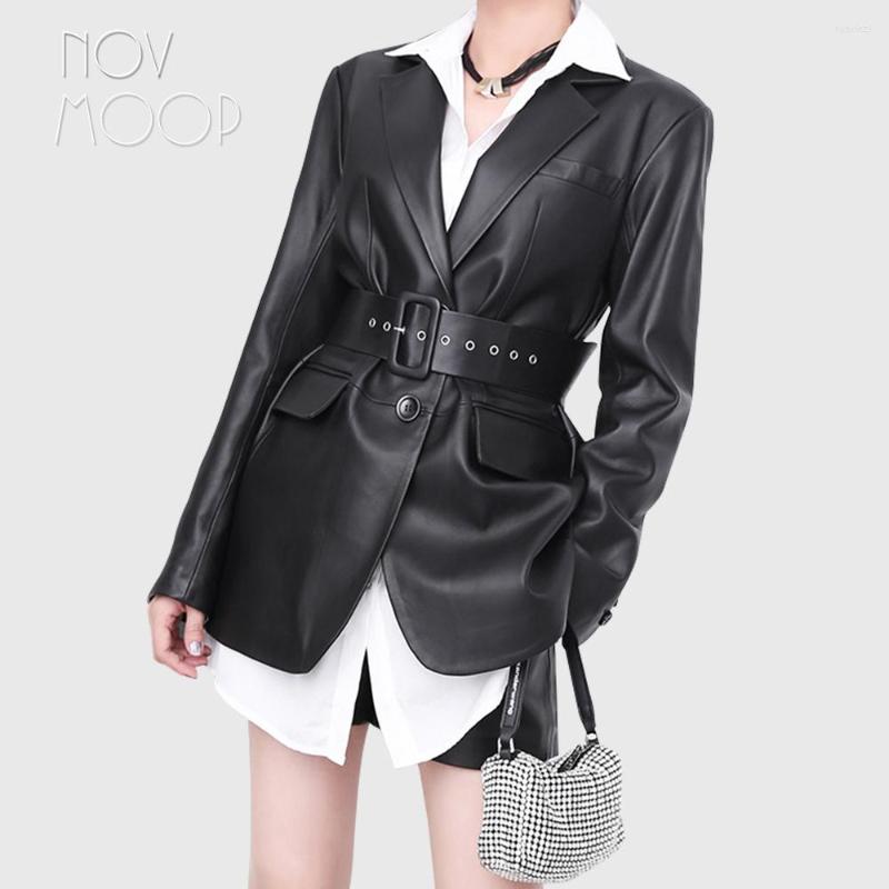

Women's Leather Novmoop Women Oversize Genuine Sheepskin Blazer Jacket Vintage Cool Style Est Piece Of The Year LT3340, Black