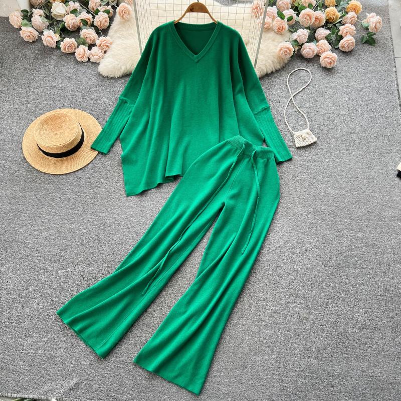 

Women's Two Piece Pants VANOVICH Temperament Solid Color Women's Loose V-neck Irregular Casual Sweater High Waist Wide Legs Long, Black