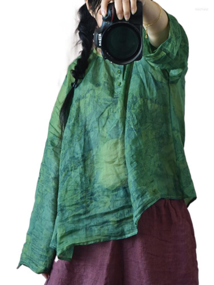 

Women's Blouses QPFJQD Female Ramie Print Floral O-Neck Long Sleeve Tees Shirts 2023 Autumn Spring Women Vintage Chinese Style Tops, Green