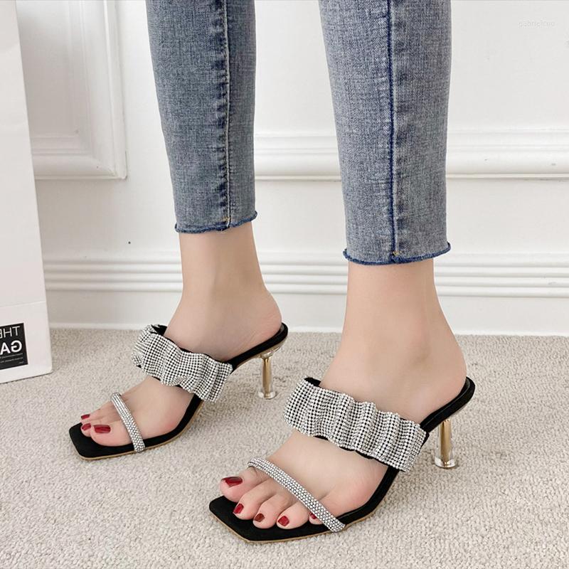 

Sandals Diamonds Slip-on Women Casual Shoes Summer Fashion Square Toe High Heeled Slides For Girls, Black