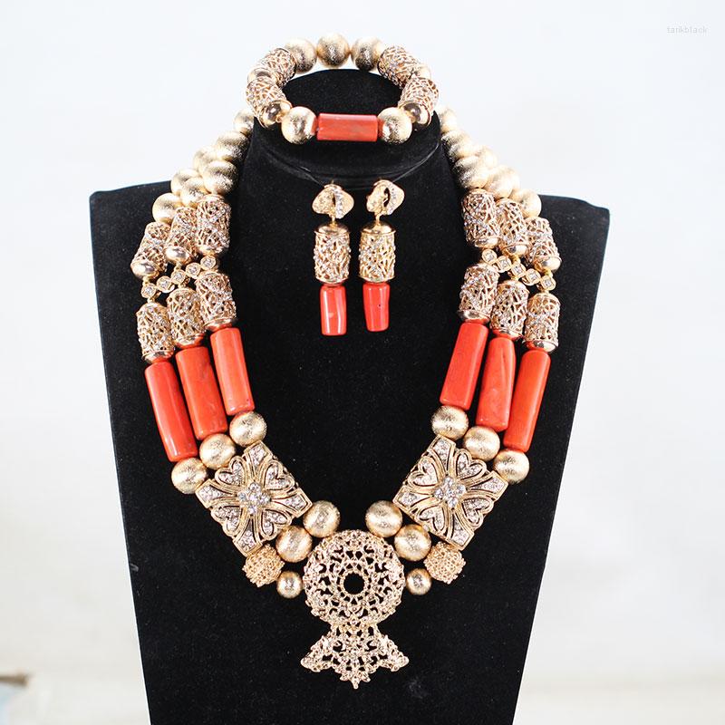 

Necklace Earrings Set Fabulous Chunky Bib Wedding African Coral Beads Jewelry Gold Dubai Bridal Statement Gift CNR053, Picture shown
