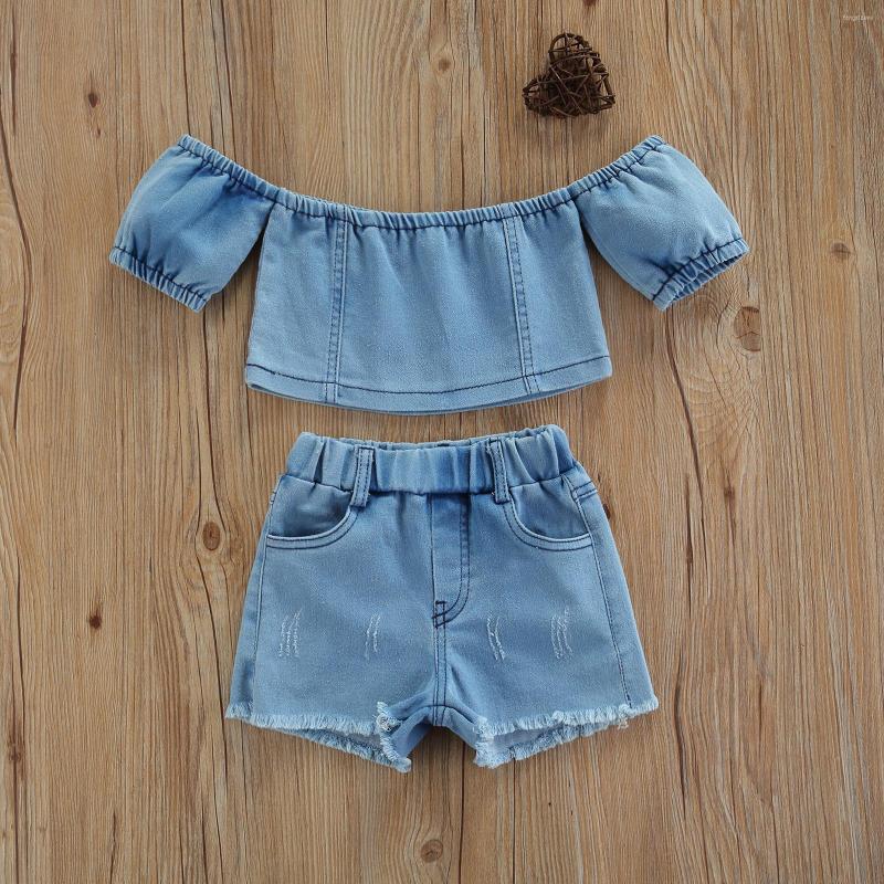 

Clothing Sets 2Pcs Toddler Girls Summer Outfit Suit Denim Solid Color Strapless Crop Tops Elastic Waist Shorts Clothes Set For, Sky blue