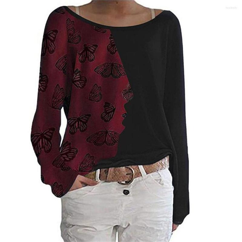 

Women' T Shirts Asymmetry Butterfly Print Patchwork T-Shirt Spring Autumn Ladies O-Neck Long-Sleeve Casual Fashion Tops, Green