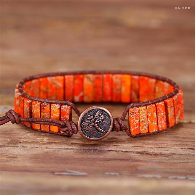 

Charm Bracelets Orange Jaspers Leather Wrap Bracelet Jewelry Natural Stone Tube Bead Cuff Unique Bohemian Anniversary Gifts