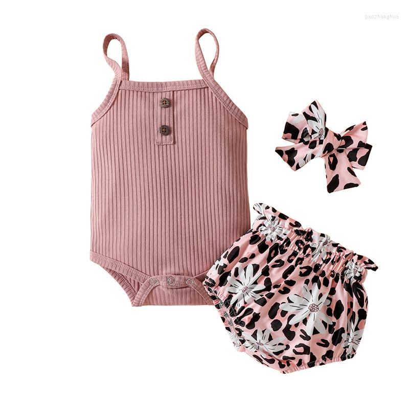 

Clothing Sets 3-Piece Baby Girls Outfit Ribbed Spaghetti Strap Snaps Romper Floral Print Pantie Headband For Toddler 0-18 Months, Picture shown