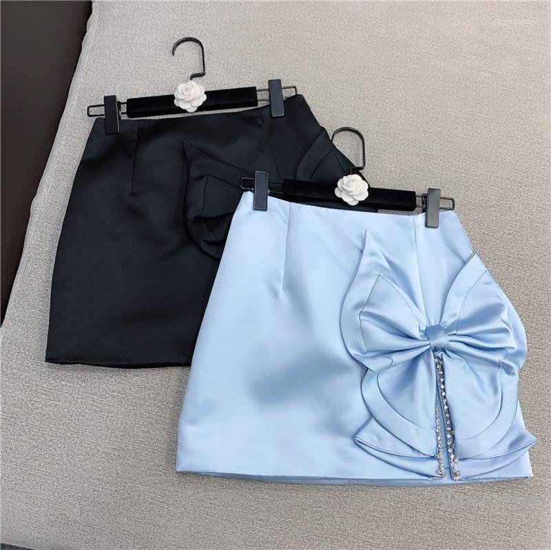 

Skirts Bow Skirt For Lady 2022 Spring Sweet Rhinestone Edge Slit High Waist Satin A- Line Women' Office Clothes Nancylim, Black