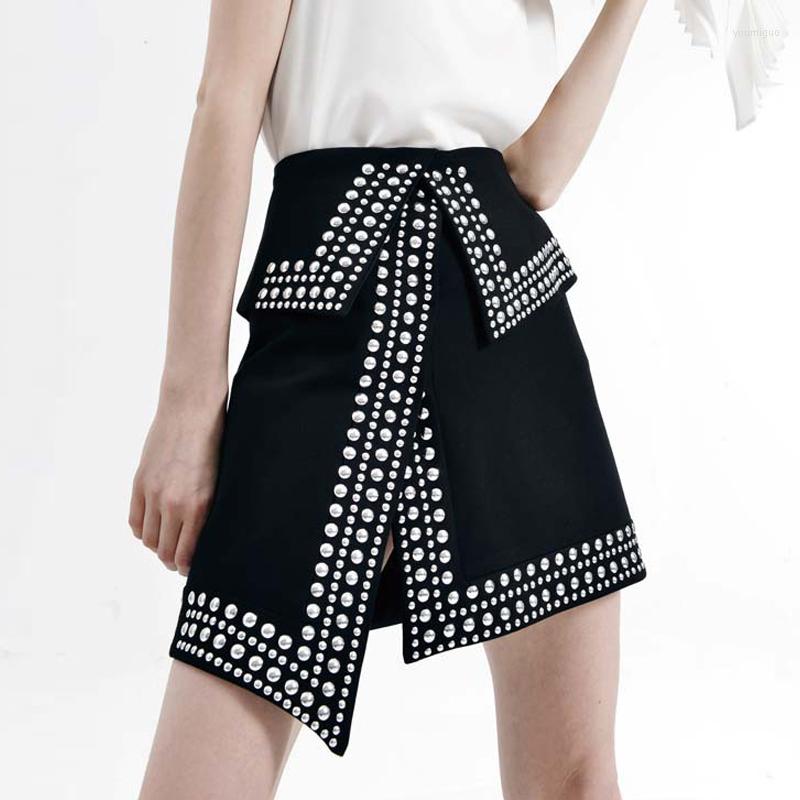 

Skirts Women Mini Asymmetric Skirt Pearls Beads Embellished Decorated Short Slit Streetwear High Street Punk Modern Aesthetic, Black