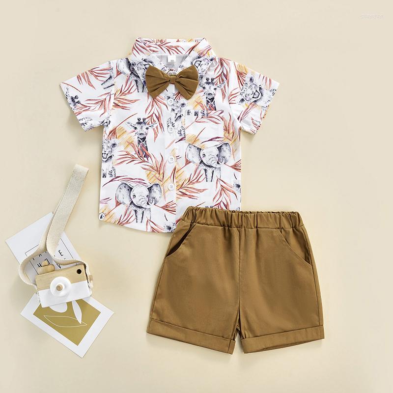 

Clothing Sets 2Pcs Baby Boys Summer Outfits Set Animal & Leaf Print Short Sleeve Lapel Shirt With Bow Shorts Pockets, Coffee