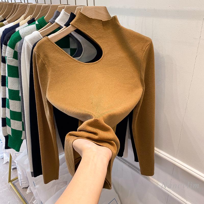 

Women's Sweaters Fashion Hollow Out Off Shoulder Knitted Shirt For Women Half Turtleneck Sweater Autumn And Winter Chic Inner Wear Top Femme, Black