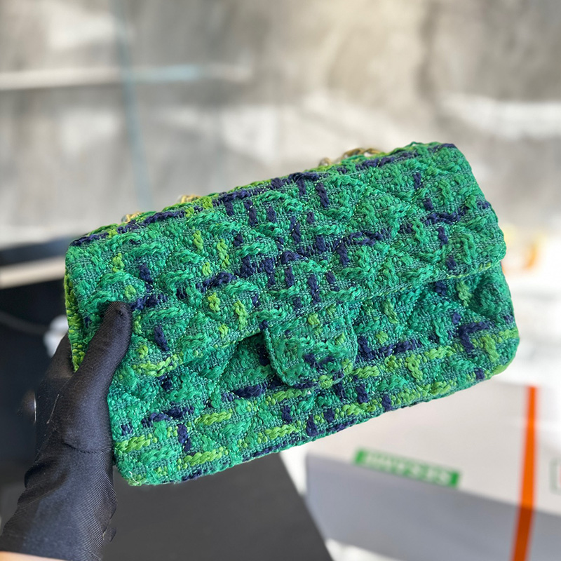 

22C Womens Tweed Knitting Wool Bags Classic Flap Quilted Gold MetaL Hardware Matelasse Chan Crossbody Shoulder Large Capacity Black Green Designer Handbags 25CM, Box
