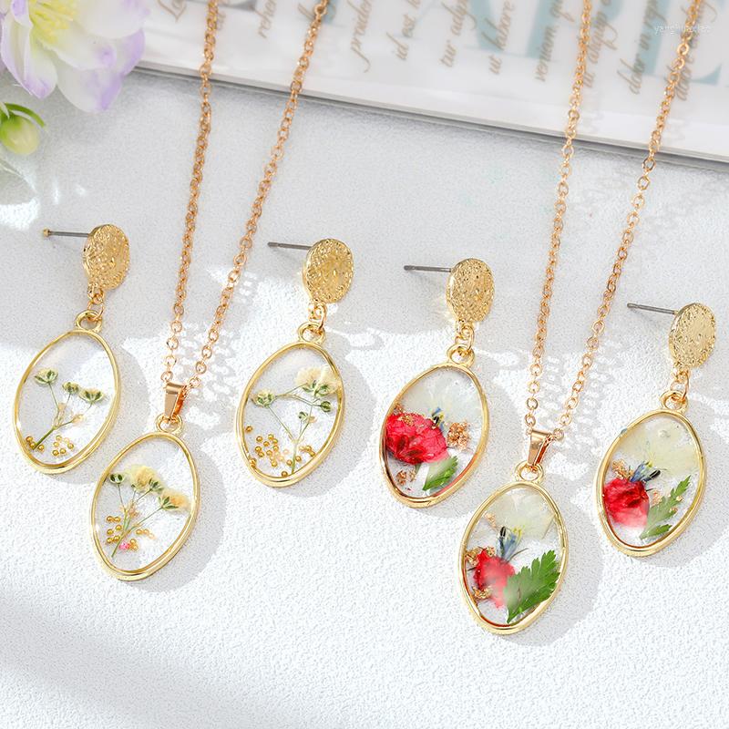 

Pendant Necklaces Gold Foil Real Dried Flower Necklace Set For Women Gift Natural Eternal Dry Leaf Plant Choker Party Wedding Jewelry