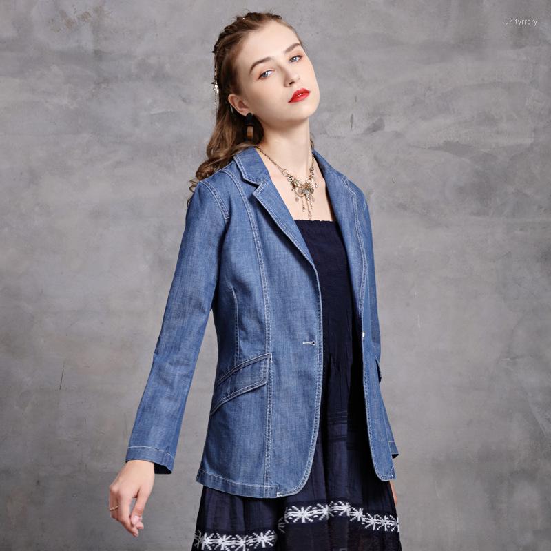 

Women' Suits Vintage Chic Denim Blazers Women Single Button Slim Coats HIGH QUALITY In 2022 Designer Blazer Jacket Outer, Blue