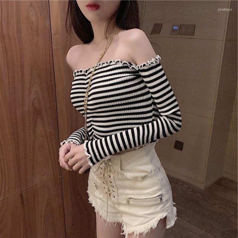 

Women' T Shirts Woman TShirts Off-Shoulder Knitted T-shirt Spring Striped Long-Sleeved Top Crop Mujer Camisetas, Yellow