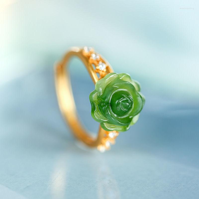 

Cluster Rings Original Design Silver Inlaid Natural Hetian Jade Flower Neckalce For Woman Opening Adjustable Fresh And Elegant Wedding